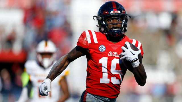 Nov 18, 2023; Oxford, Mississippi, USA; Mississippi Rebels wide receiver Dayton Wade (19) runs after a catch for a touchdown against the Louisiana Monroe Warhawks during the second half at Vaught-Hemingway Stadium. Mandatory Credit: Petre Thomas-USA TODAY Sports  